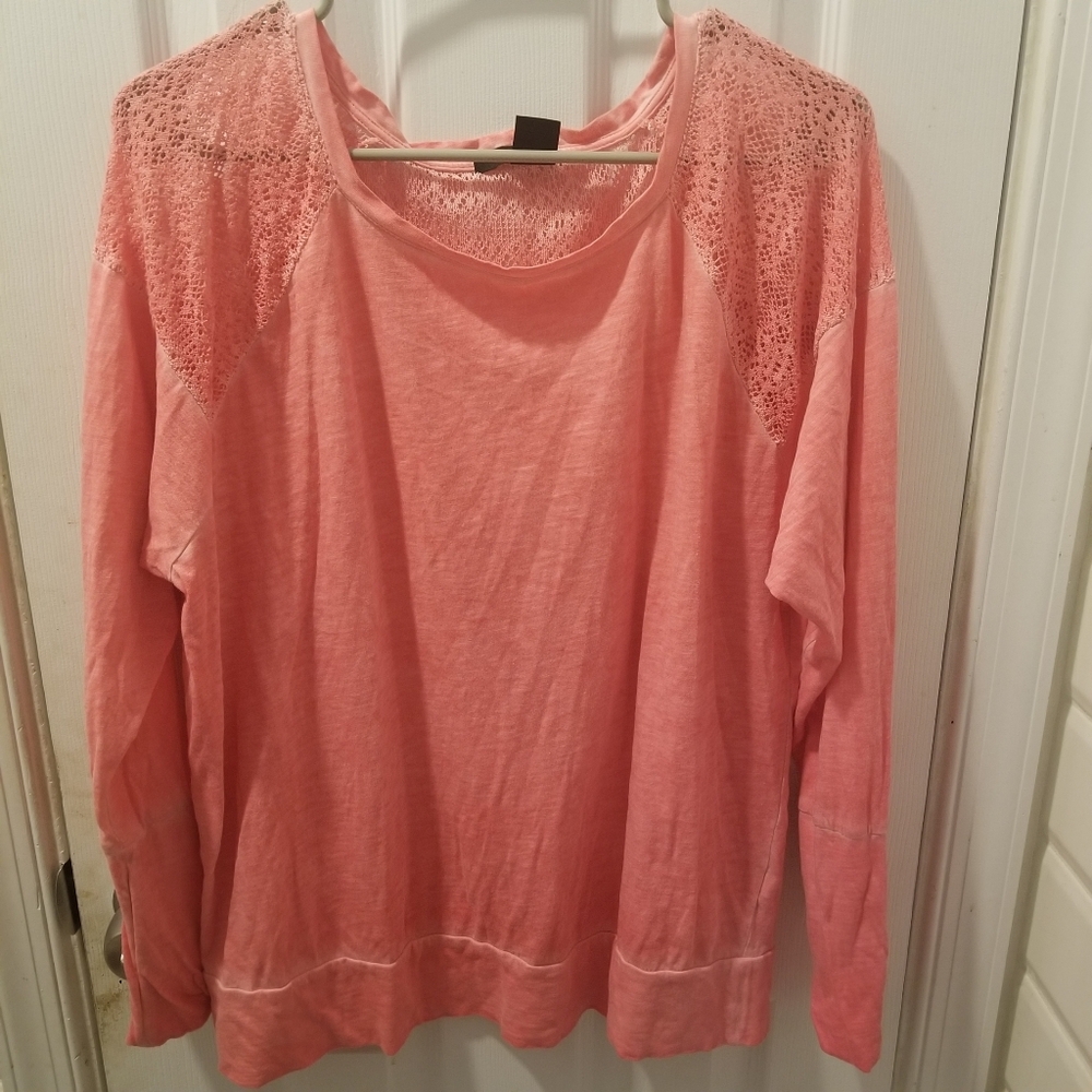 DKNY Light Coral Lace Shoulder Long Sleeve Blouse
